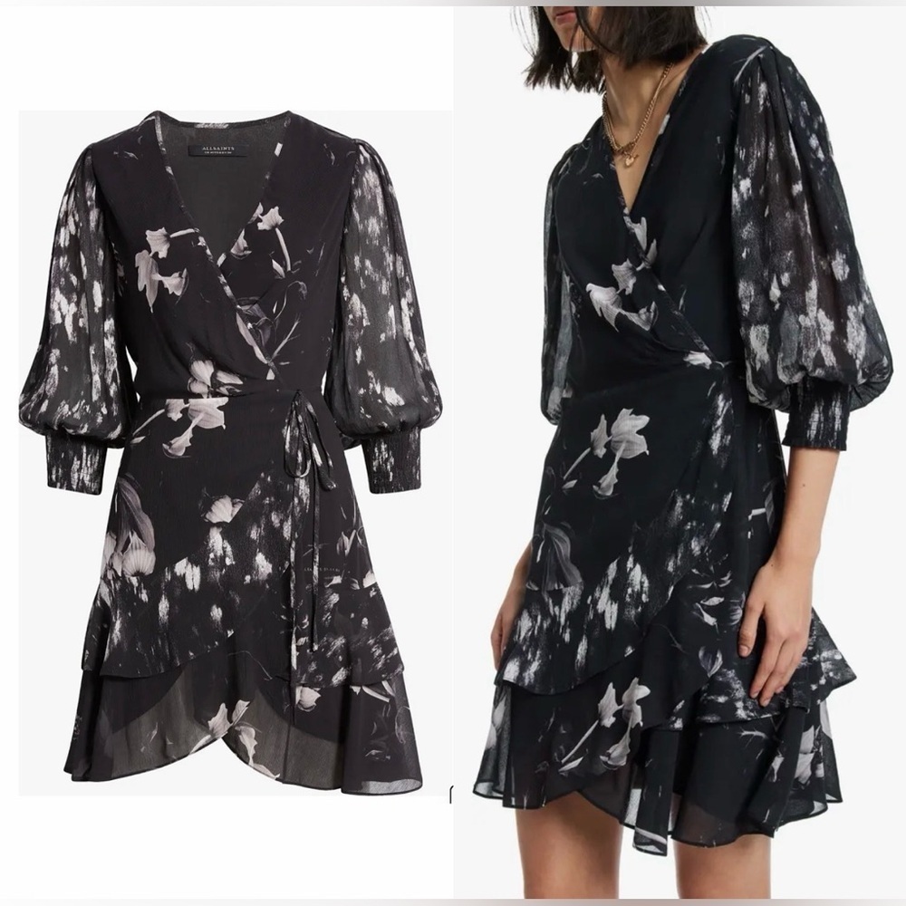 NEW AllSaints Ari Pauline Floral Print Faux Wrap Dress sz 0 - Picture 2 of 9